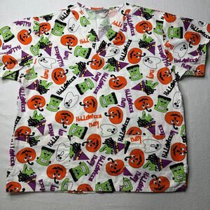 Comfy Cotton Halloween Fall Pumpkin Scrub Top Womens Size Large